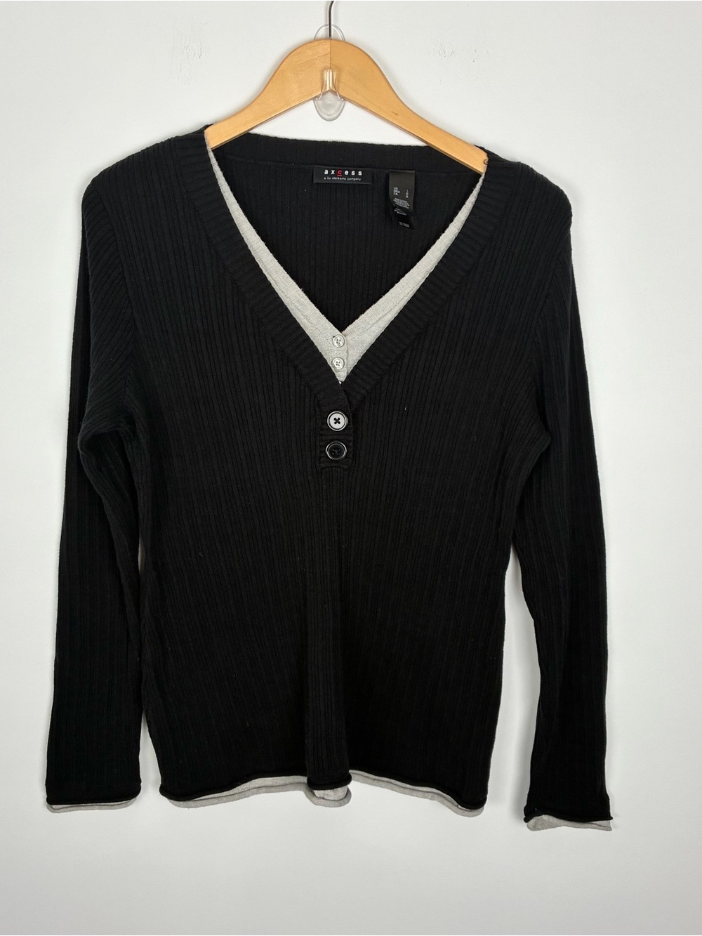 2000s Axcess Liz Claiborne Black & Gray Knit V-Neck Sweater Y2K Elena Gilbert L